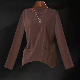Tシャツ レディース カットソー トップス ミセス 母親 婦人服 50代 長袖 丸首 ゆったり カジュアル プルオーバー 無地 ポケット 蝙蝠袖 体型カバー インナーシャツ 秋冬 春先 シンプル 着痩せ ブラック チョコ