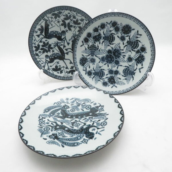 美品 azmaya 東屋 白岳窯 六寸皿 鳥獣五画 中皿 3枚 セット 東屋 SO4653Q1 【中古】