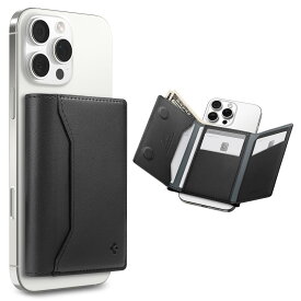 Spigen MagSafe対応ウォレット カードケース 【最大7枚カード・紙幣収納】 マグネット 三つ折りスタンド機能 iPhone 16/15/14/13/12シリーズ バレンティヌスS ・マグフィット AFA09133（ブラック）