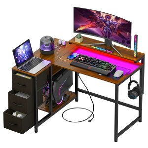 LunarLight PCパソコンデスク 幅108奥行80高さ85-108.5cm テレワーク L型デスク・左右組み換え自由 モニタ台の高さ調節可能 引き出しとコンセント付き 収納たっぷり ゲーミングデスク オフィスデス