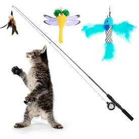 猫じゃらし Pawaboo じゃれ猫 フェザーワンド スピニングリール付き 伸縮 釣竿型おもちゃ 手動式プーリー 猫じゃらし 釣りロッド 猫おもちゃ ネコあそび ベル付き 人造羽 替えおもちゃ三つ付き 運動不足 猫のストレス解消 ブラウン＋青魚＋黄トンボ