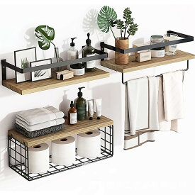 ウォールシェルフ、壁掛け棚、収納バスケット付き 壁 棚 ラック 3個セット 天然木製 おしゃれ 多機能 キッチン/洗面所/トイレ/寝室 取り付け簡単 タオルバー付き（ライト・ブラウン）