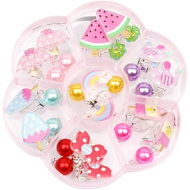 女児用 イヤリング 7種類セット クリップ式 痛くない 可愛いカラフルモチーフ 花柄ケース付 誕生日やプレゼントに