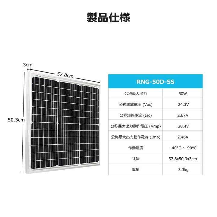 楽天市場】レノジー RENOGY ソーラーパネル 50W 単結晶 12V MC4 