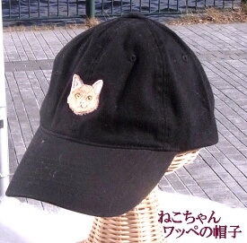 ねこちゃんワッペンの帽子＜フリーサイズ＞(ブラック)（春・夏・秋）レディース　キャップ　帽子　女性　つばあり　綿　黒 ワッペン光沢 猫 ネコ