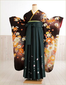卒業式 女 袴レンタル fboh1061　着物レンタル　卒業袴【フルセット】大人用　女性　大学　短大　専門学校　謝恩会　高校　文化祭　大きめ小学生 2月 3月 4月 人気 春 「琴音」ブランド茶色に喜びの祝花×緑袴【レンタル】