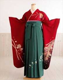 【レンタル】卒業式 女 袴レンタル fboh1071 着物レンタル 卒業袴【フルセット】振袖袴 女性 大学 短大 専門学校 謝恩会 高校 中学生 文化祭 大きめ小学生 卒業式袴 2月 3月 4月 袴レンタル 人気 春 ワインレッドに吉祥熨斗と慶模様×緑袴