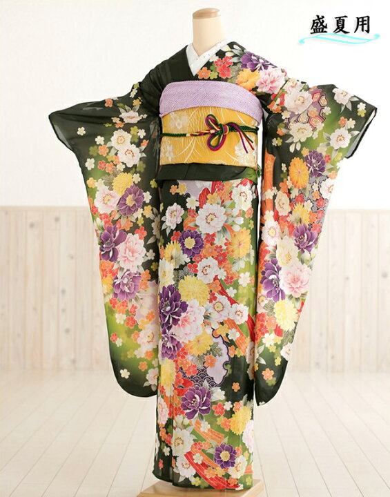 楽天市場】夏用【絽】振袖レンタル 緑地に慶びの絢爛彩花 sf1168【フル 