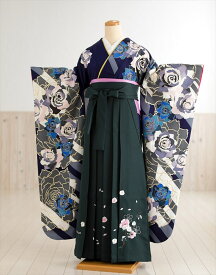 卒業式 袴 レンタル 女　fboh1210　着物レンタル　卒業袴【フルセットレンタル】大人用　女性　大学　短大　専門学校　謝恩会　高校　文化祭　大きめ小学生　卒業式袴　2月　3月　4月　袴レンタル　人気　春「CECIL McBEE」ブランド 紺地モダン薔薇×緑袴