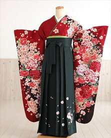 卒業式　袴レンタル　oh1038　着物レンタル　卒業袴【フルセット】大人用　女性　大学　短大　専門学校　謝恩会　高校　文化祭　大きめ小学生　卒業式袴　2月　3月　4月　袴レンタル　人気　　赤地に吉祥華の舞×緑袴【レンタル】