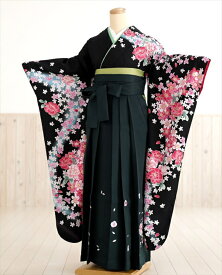 卒業式 袴 レンタル 女　oh1040　着物レンタル　卒業袴【フルセットレンタル】大人用　女性　大学　短大　専門学校　謝恩会　高校　中学校　文化祭　大きめ小学生　卒業式袴　2月　3月　4月　袴レンタル　かわいい　人気　春　黒地に流水彩華の舞×緑袴
