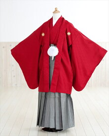 小学校卒業式 袴 レンタル 男 ジュニア紋付袴レンタル　赤地に黒銀縞袴 jmo011【フルセット】《羽織袴》〔着物レンタル〕〔12歳〕〔十三参り〕〔小学校卒業式〕〔小学生〕〔人気〕〔6年生〕〔結婚式〕〔男の子〕【レンタル】