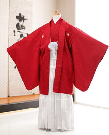 卒業式 袴レンタル 男 jmo027 小学校卒業式 小学生 ジュニア 紋付レンタル　赤地菱紋に白銀袴 【フルセット】羽織袴レンタル 着物レンタル 12歳 十三参り 6年生 結婚式 イベント 男の子 かっこいい おしゃれ フォトブック【レンタル】