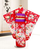 〔5歳女の子〕（小さめ7歳）七五三レンタル　赤地に色彩祝蝶花の舞 j5012【5歳女児/女の子七五三セット】…