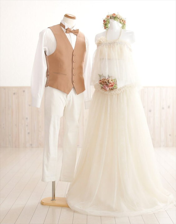 楽天市場 レンタル マタニティドレスレンタル Mt006 メンズセット マタニティーフォト ペア 前撮り 撮影小物 自宅でマタニティ 撮影 写真 妊婦 フォトブック無料作成 ８ヶ月 ９ヶ月頃 30週前後 花かんむり サッシュベルト アイボリー ネックレス2way仕様