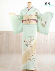 単衣 訪問着レンタル 夏用 sh1091 着物レンタル 付下げ フルセット 結婚式 お宮参り kimono 夏 6月 7月 8月 9月 付け下げ 涼しい ママ 母 母親 houmongi 正絹「ライムグリーンに吉祥華」【fy16REN07】【レンタル】