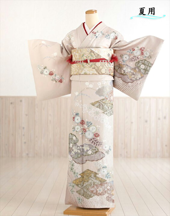 訪問着 フルセット 正絹 付け下げ 着物 刺繍 花 梅 金 G9 （単衣 桂 