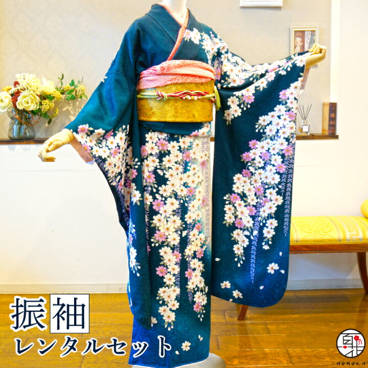楽天市場】【振袖 レンタル】 [青 しだれ桜] 振袖フルセットレンタル 