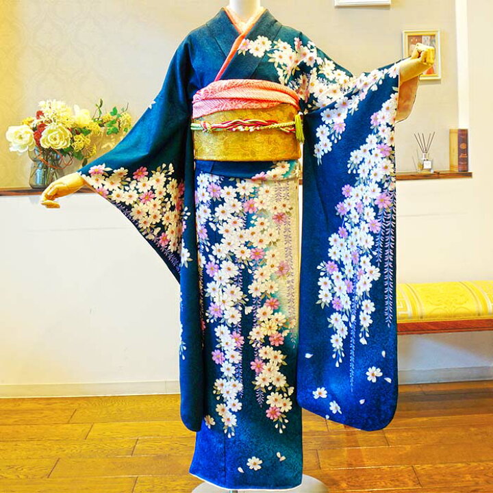 楽天市場】【振袖 レンタル】 [青 しだれ桜] 振袖フルセット 
