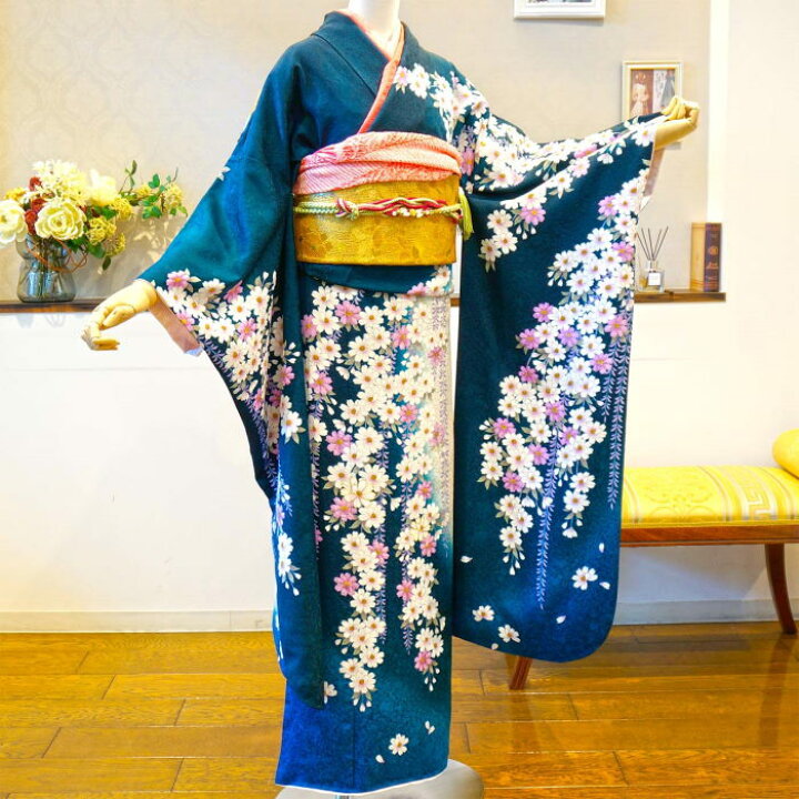 楽天市場】【振袖 レンタル】 [青 しだれ桜] 振袖フルセットレンタル 