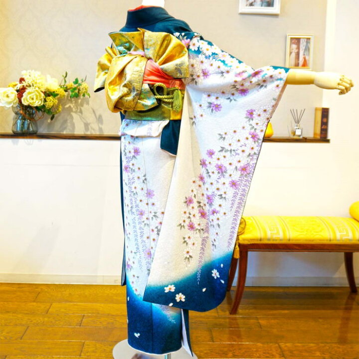 楽天市場】【振袖 レンタル】 [青 しだれ桜] 振袖フルセットレンタル 