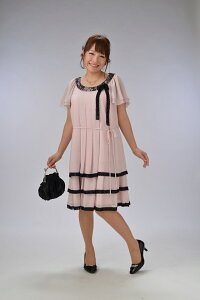 フルセットレンタルドレス結婚式お呼ばれ貸衣装かしいしょう大きいサイズ結婚式お呼ばれレンタルドレス☆小物セット☆大きいサイズ【パーティドレス】ヴィヴィエ半袖水玉三段/黒・ピンク/(フリーサイズ)