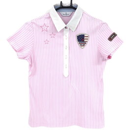 ★特価30%OFF★マンシングウェア 半袖ポロシャツ ピンク×白 ストライプ 星条旗ワッペン レディース M ゴルフウェア Munsingwear