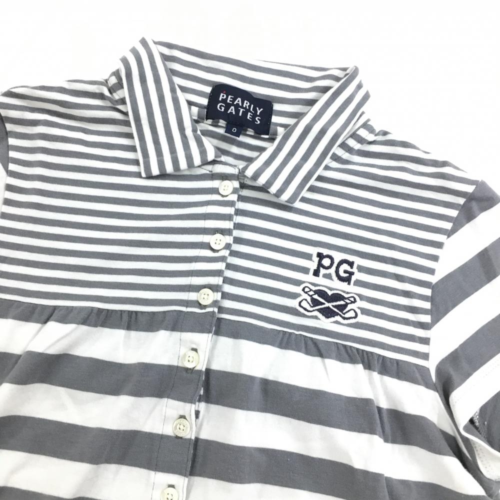 パーリーゲイツ 半袖ポロシャツ グレー×白 ボーダー 総柄 日本製 レディース 0(S) ゴルフウェア PEARLY GATES