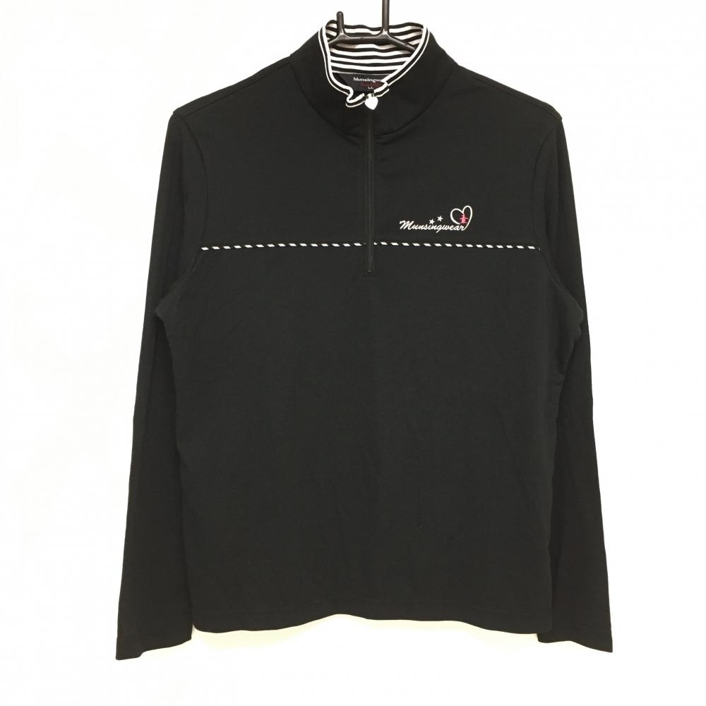 マンシングウェア 長袖ハイネックシャツ 黒×白 ネック裏ボーダー ハーフジップ レディース LL ゴルフウェア Munsingwear