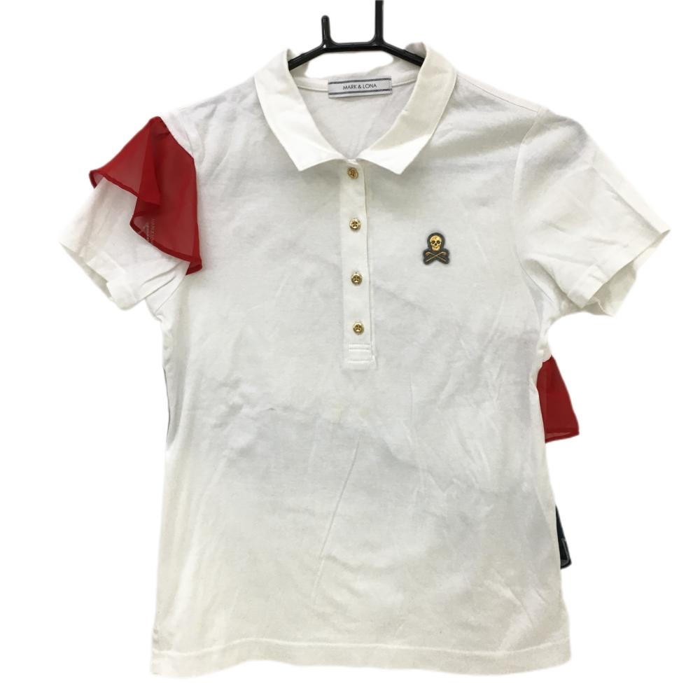 マークアンドロナ 半袖ポロシャツ 白×レッド 袖・背面フリル スカル