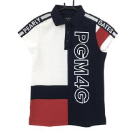 【超美品】パーリーゲイツ 半袖ポロシャツ 白×ネイビー×レッド ロゴプリント レディース 0(S) ゴルフウ…