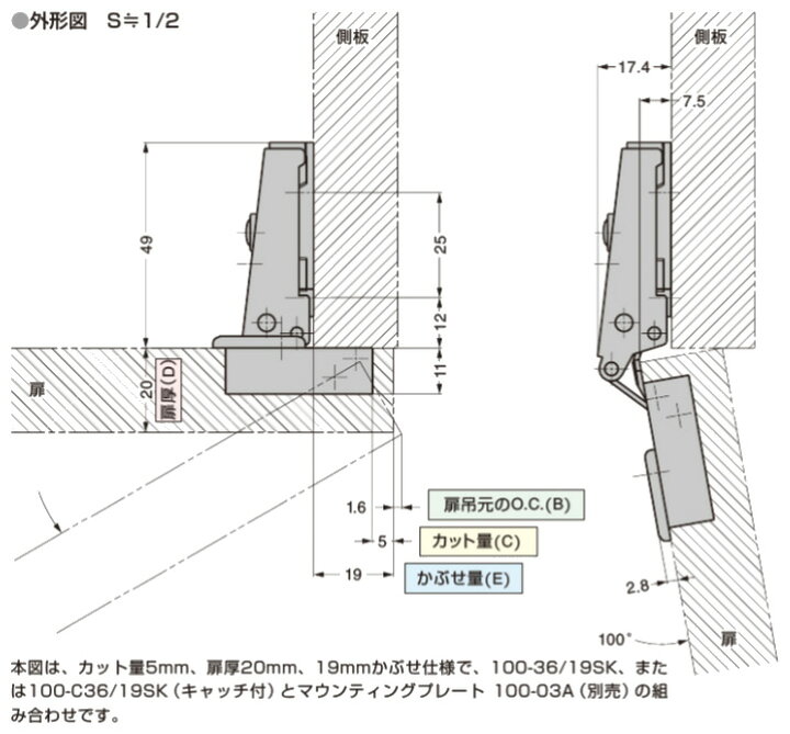 楽天市場】LAMP スライド丁番100-36/19SK カップ径Φ35全かぶせ 
