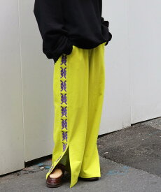 lucky charm motif Jersey line pants -2 うさぎ 蝶々 モチーフ ワイドパンツ スリット 黄色 黒 ブルー グリーン ブラウン 幸運 肉厚 スウェット ウエストゴム ユニセックス メンズ レディース ライン 刺繍 ギフト プレゼント カップル お揃い