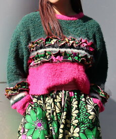 Multi border frill knit pullover マルチ ボーダー フリル ニット プルオーバー モヤンエクリ moyan ecri ユニセックス アウター 総柄 アフリカ ナイジェリア 寄付 短丈 もこもこ 可愛い レディース 秋冬 冬服 ギフト