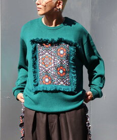 AFRICA FRINGE FRAME KNIT PULLOVER アフリカ フリンジ フレーム ニット プルオーバー モヤンエクリ moyan ecri ユニセックス アウター 総柄 アフリカ ナイジェリア 寄付 花 秋冬