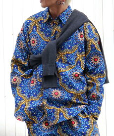 AFRICA OVER SHIRT -4 アフリカ オーバー シャツ モヤンエクリ moyan ecri ユニセックス 総柄 派手 可愛い ナイジェリア 寄付 ブルー ブラウン メンズ