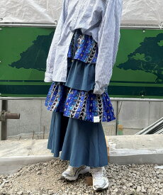 Denim × Africa frill skirt アフリカンファブリック マキシスカート 柄スカート デニムスカート フリルスカート ティアードスカート