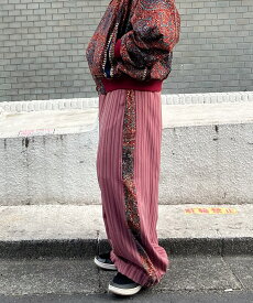 Sripe×african fabric side line pants アフリカ イージーパンツ モヤンエクリ moyan ecri ユニセックス パンツ ストライプパンツ アフリカ ナイジェリア 寄付 ラインパンツ サイドライン ワイドシルエット