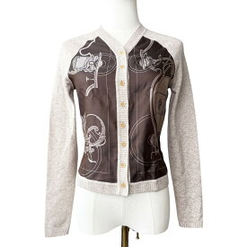 エルメス 【中古】HERMES マルジェラ期 Margiela Era シルク ニット切替カーディガン カシミヤ スカーフ柄 クルーネック 長袖 ベージュ/ブラウン 34 (実寸はXS〜Sサイズ相当)