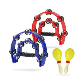 レジプロb タンバリン 2個セット 楽器 カラオケ 半円形 パーカッション ブルー＆レッド マラカス付き