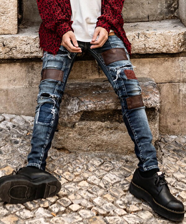 楽天市場】【glamb(グラム)】Unplugged leather patch denim 