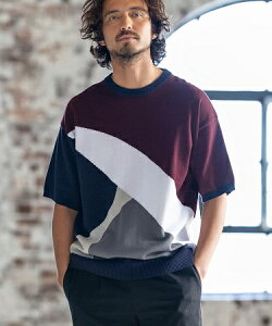 �yFACTOTUM(�t�@�N�g�^��)�zRetro Color Scheme 12G Short Sleeve Knit Pullover �j�b�g(FTM-221-007)