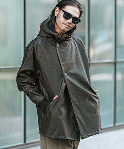 �yCAMBIO(�J���r�I)�zVintage Like Synthetic Leather Poncho Like Hooded Jacket �t�[�f�b�h�W���P�b�g(MIU-251-009)