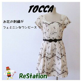 【中古】TOCCA トッカ　レディース　ワンピース　半袖　花柄　刺繍　ベージュ　サイズ2
