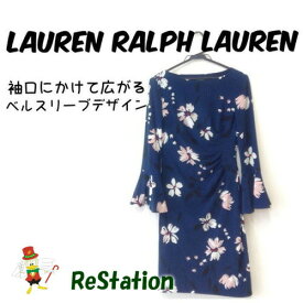 【中古】ラルフローレン LAUREN RALPH LAUREN Floral Bell-Sleeve Dress　ネイビー　レディース　サイズ0(XS)