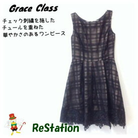 【中古】【送料無料】グレースクラス Grace Class チェックチュールワンピース ノースリーブ ブラック レディース サイズ36