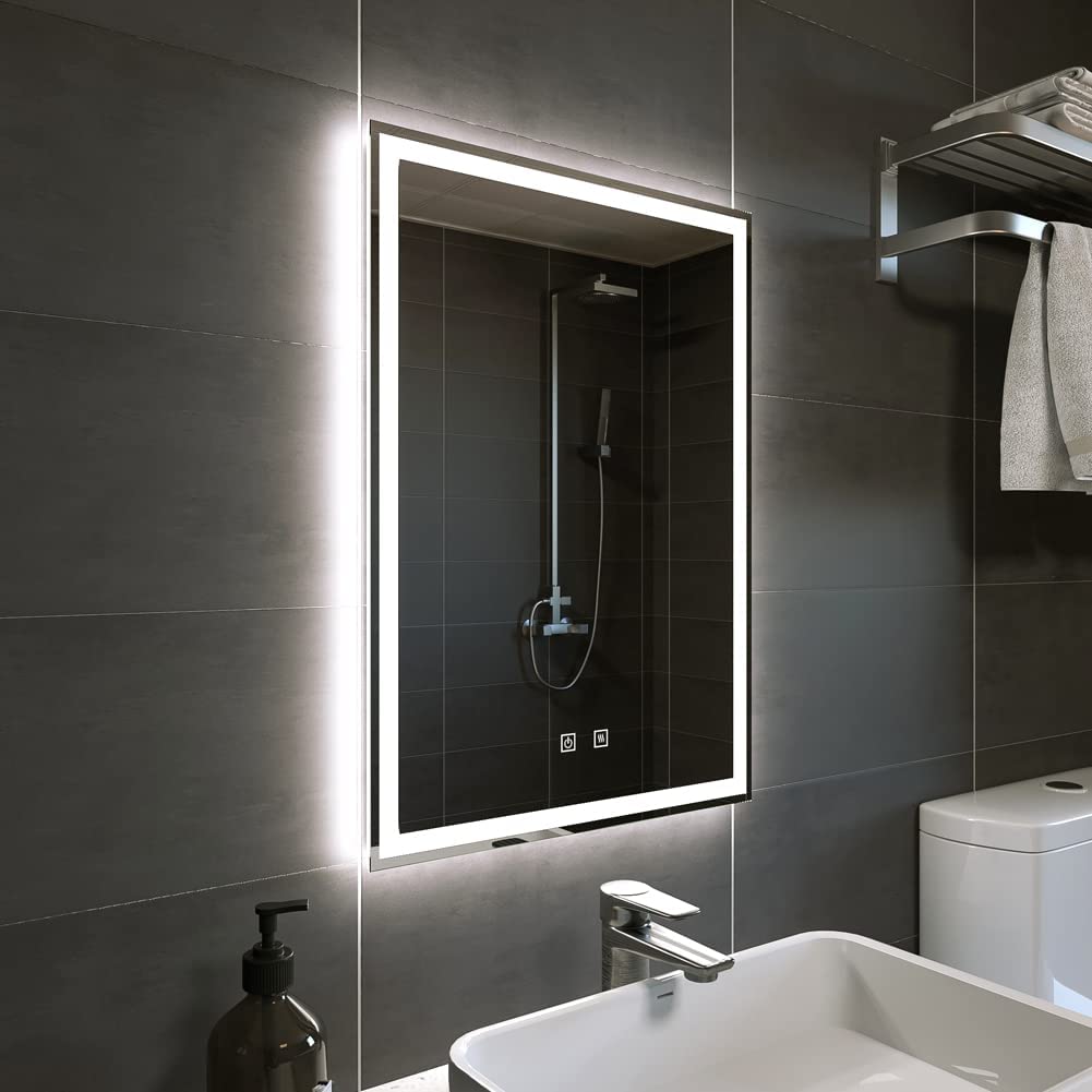 GANPE 長方形ledライト付きミラー 調光可能 化粧鏡 ファッション浴室鏡 壁掛け鏡 くもり止め IP44防水 水平 垂直 (50X70cm）