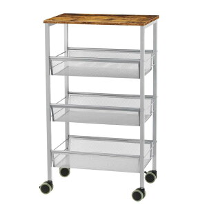 キッチンワゴン 4段 キッチンラックワゴン 木天板付き キッチン収納カート 調味料 収納 ローリングカート キャスター付き 移動式 スチール製 多目的 台所 浴室 寝室 リビング 幅44×奥行29×