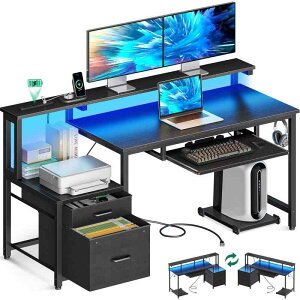 AODK パソコンデスク ゲーミングデスク 引き出しキーボードスライダー付き 幅120/140cm 机 pcデスク computer desk ?子 コンセントLED付き ゲームデスク 長机 CPUスタンド付き 在宅ワーク 左