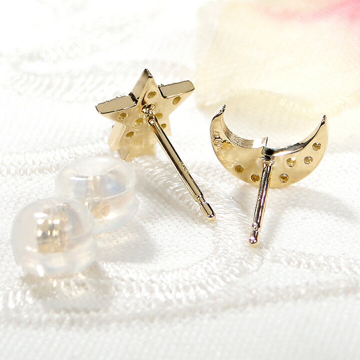 楽天市場】K18YG ダイヤモンド 星＆三日月 モチーフ ピアス【0.08ct 